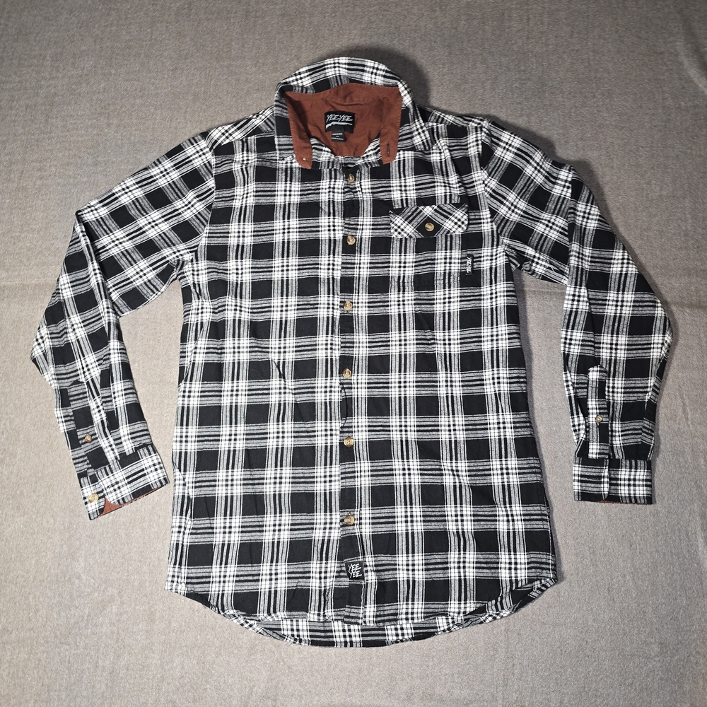Yee Yee Black & White Plaid Button Down Flannel With Brown Collar Mens Medium